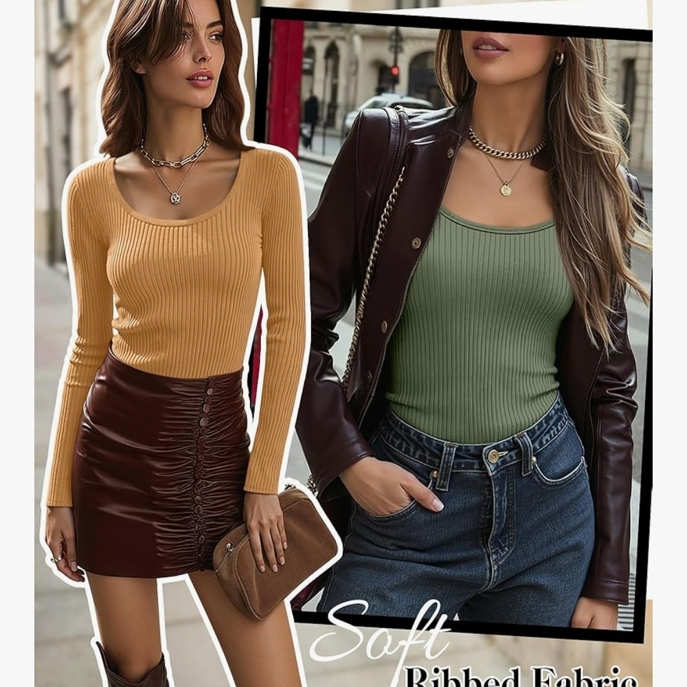 Women's Long Sleeve Ribbed Top - Mustard and Olive